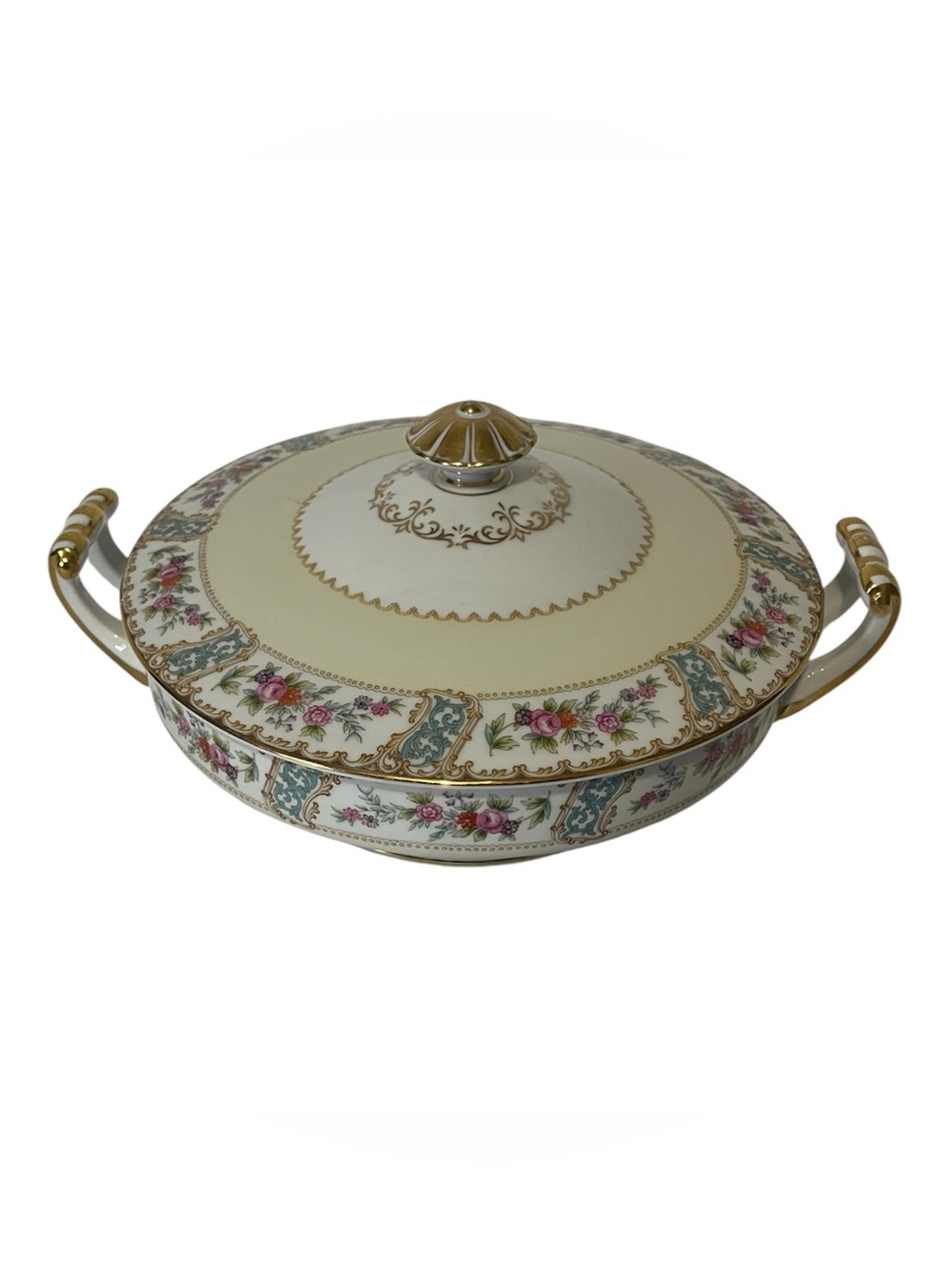 Antique Elegant Floral Covered Serving Dish in Cream and Pink